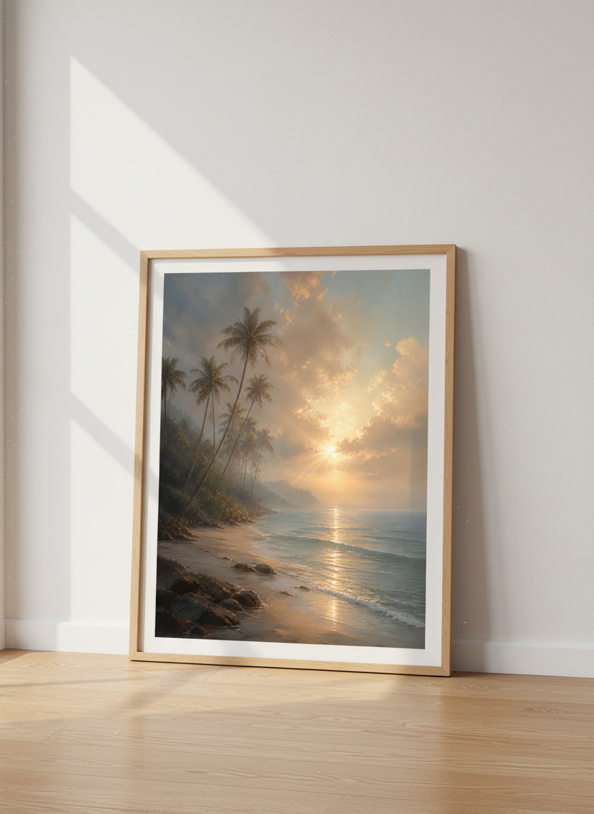 Tropical Beach Sunset Wall Art | Golden Coastal Palm Tree Decor | Aesthetic Poster