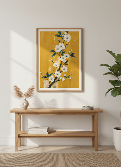 White Cherry Blossom Wall Art | Yellow Botanical Flower Poster | Zen Boho Room Decor