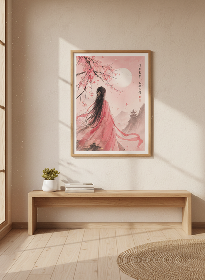 Chinese Woman &amp; Cherry Blossom Art | Pink Ink Wash Style, Zen Aesthetic Wall Decor
