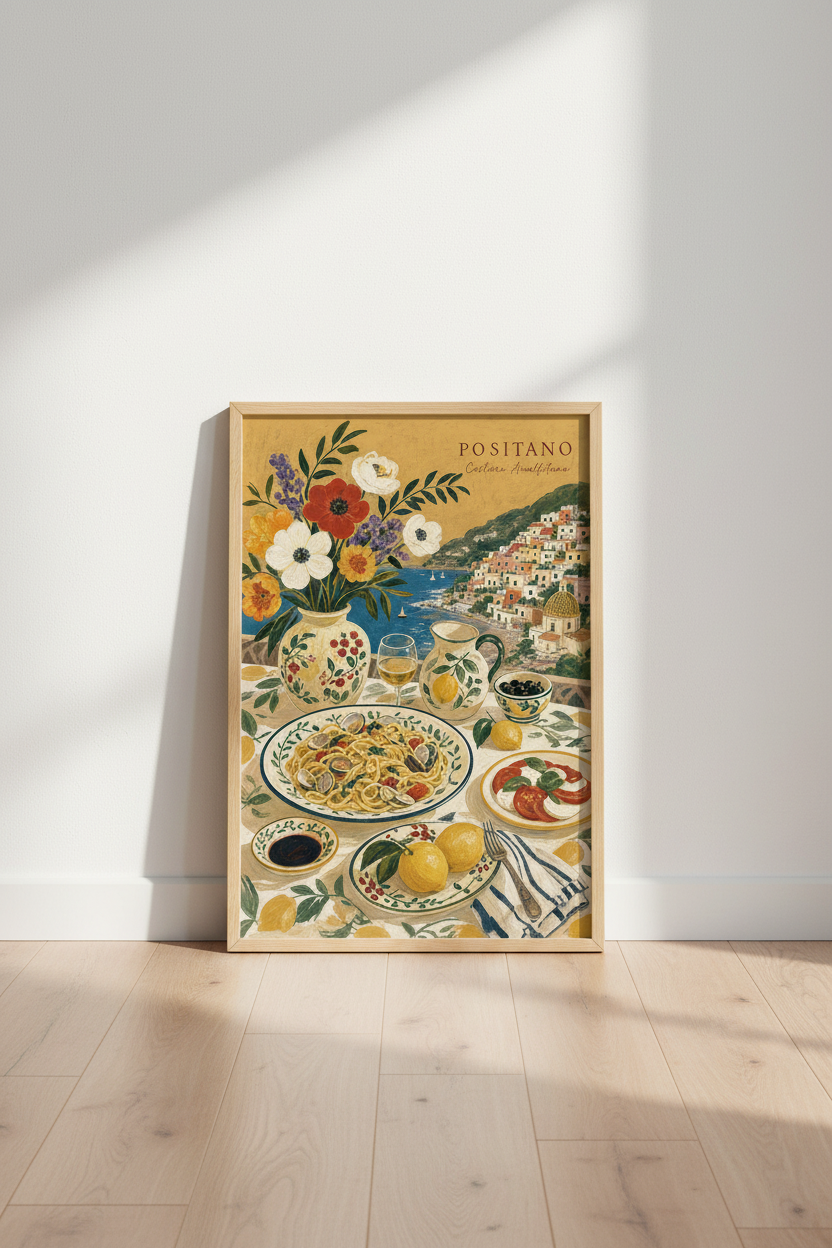 Positano Italy Still Life Wall Art | Mediterranean Food &amp; Coast Poster | Kitchen Decor