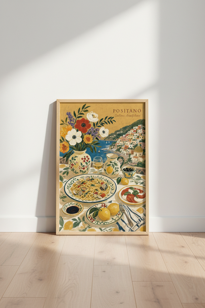 Positano Italy Still Life Wall Art | Mediterranean Food &amp; Coast Poster | Kitchen Decor