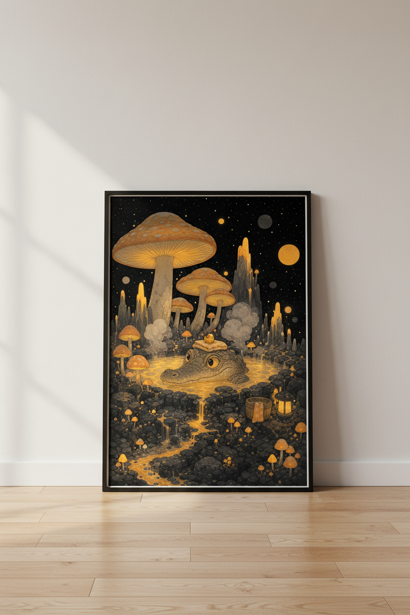 Mushroom Fantasy Art | Whimsical Golden Nightscape, Nursery Decor
