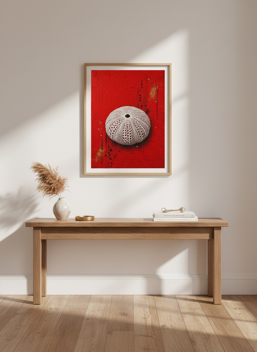 Sea Urchin Wall Art | Red and Gold Abstract Print | Modern Coastal Decor