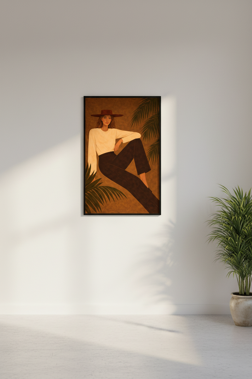 Boho Woman Portrait Framed Art Print | Living Room Decor | Mid-Century Modern Abstract Girl Wall Art | Ready to Hang Poster