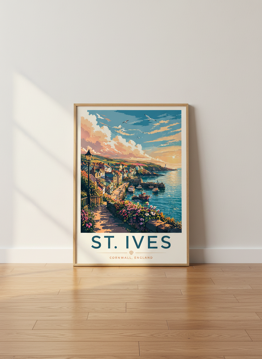 St. Ives Cornwall Travel Poster | Vintage Coastal Harbour Art, Living Room Decor