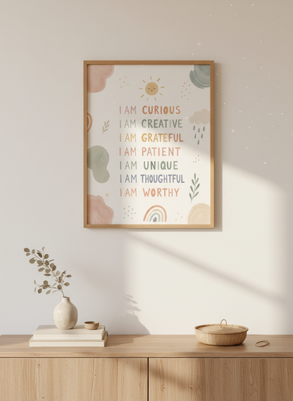 Boho Kids Affirmations Wall Art | Muted Pastel Nursery Decor | I Am Worthy Poster