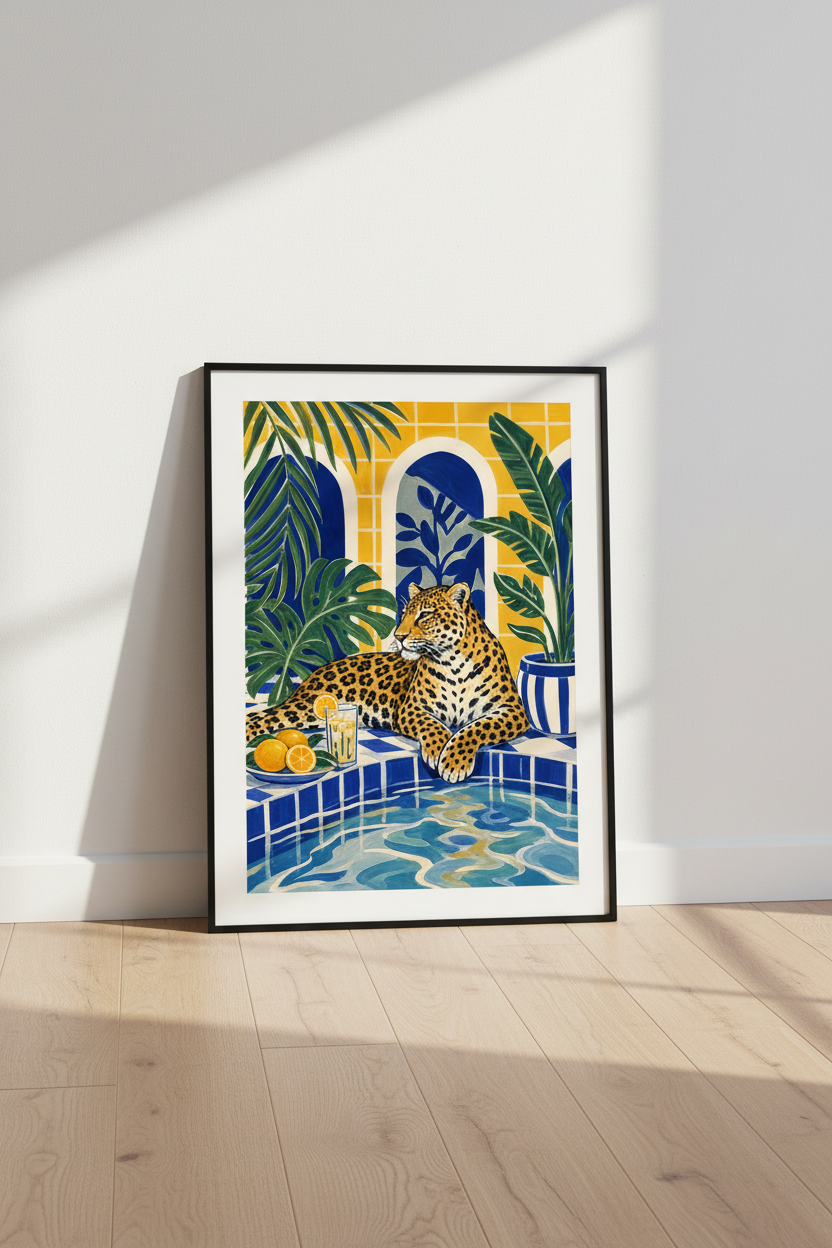 leopard pool print | Tropical Blue Yellow, Living Room