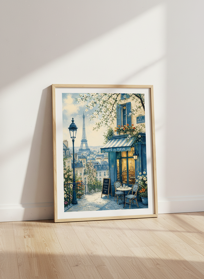 Paris Cafe Street Scene Wall Art Print | French Blue Decor | Impressionist Poster