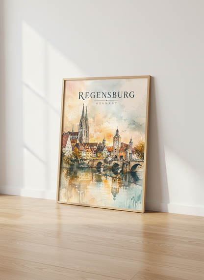 Regensburg Germany Print | Watercolor Cityscape Wall Art, Travel Poster Decor