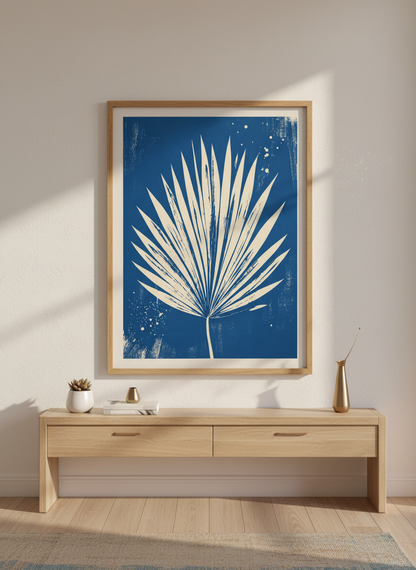 Palm Leaf Wall Art | Blue Botanical Print, Coastal Living Room Decor