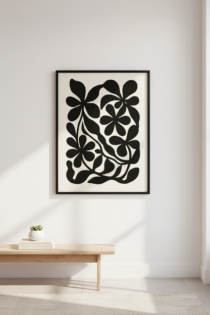 Minimalist Floral Wall Art Print | Modern Botanical Home Decor | Black &amp; Neutral Aesthetic Framed Poster