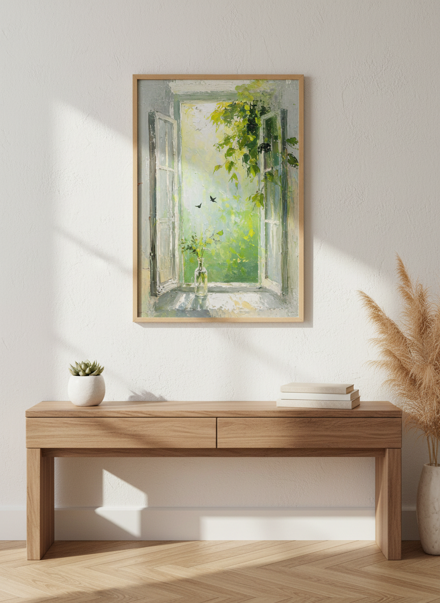 Open Window Garden Art | Impressionist Green Landscape, Living Room Decor