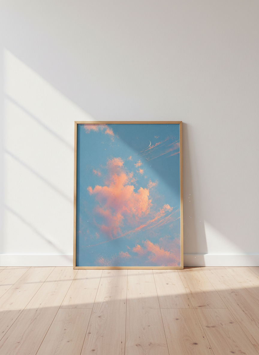 Pastel Sunset Clouds Print | Aesthetic Blue Sky &amp; Moon Wall Art, Cozy Bedroom Decor