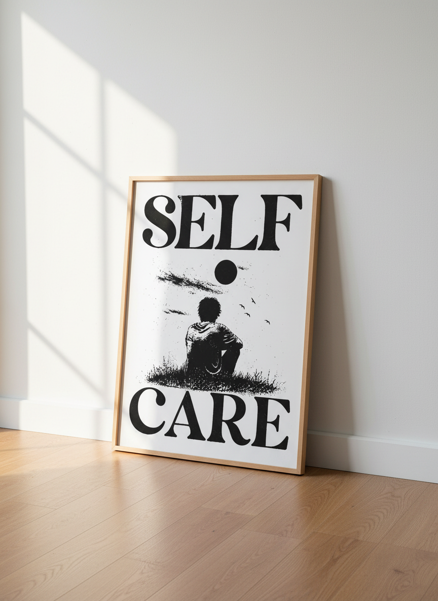 Self Care Black White Illustration Print | Minimalist Wall Art, Motivational Decor
