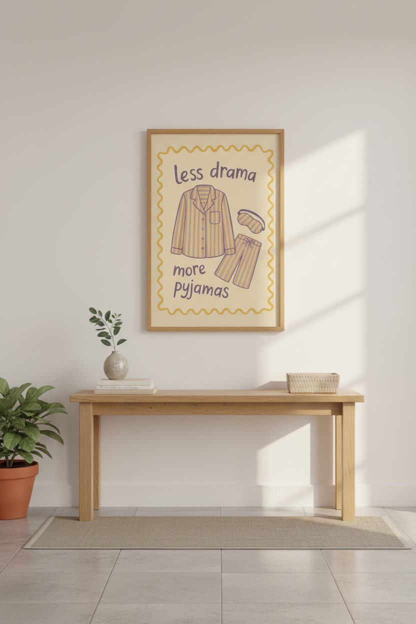 Minimalist Inspirational Quote Wall Art Print | Bedroom Decor | Cozy Aesthetic Poster | Less Drama More Pyjamas