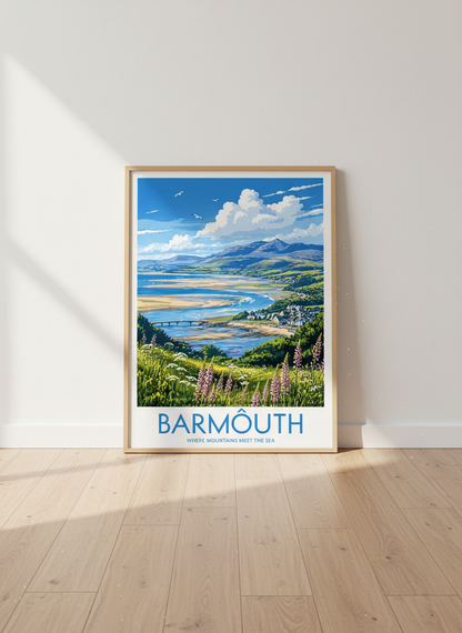 Barmouth Wales Travel Poster | Coastal Mountain Wall Art, Nature Home Decor