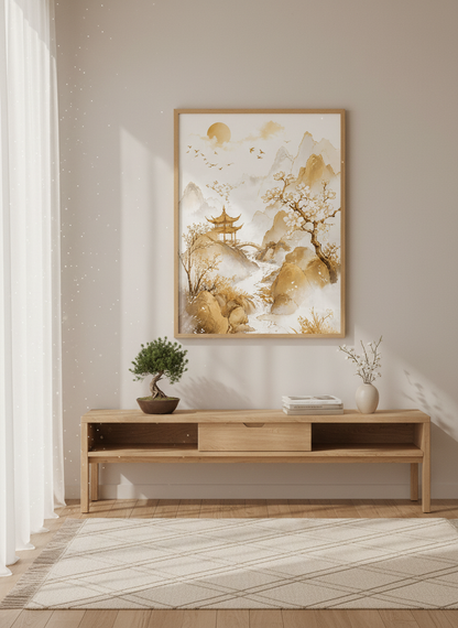 Japanese Pagoda Landscape Wall Art | Gold Mountain Nature Print | Zen Home Decor Poster