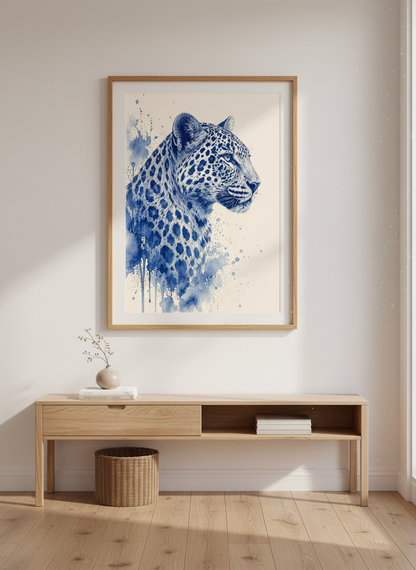 Blue Leopard Watercolor Wall Art | Indigo Animal Poster, Modern Safari Decor