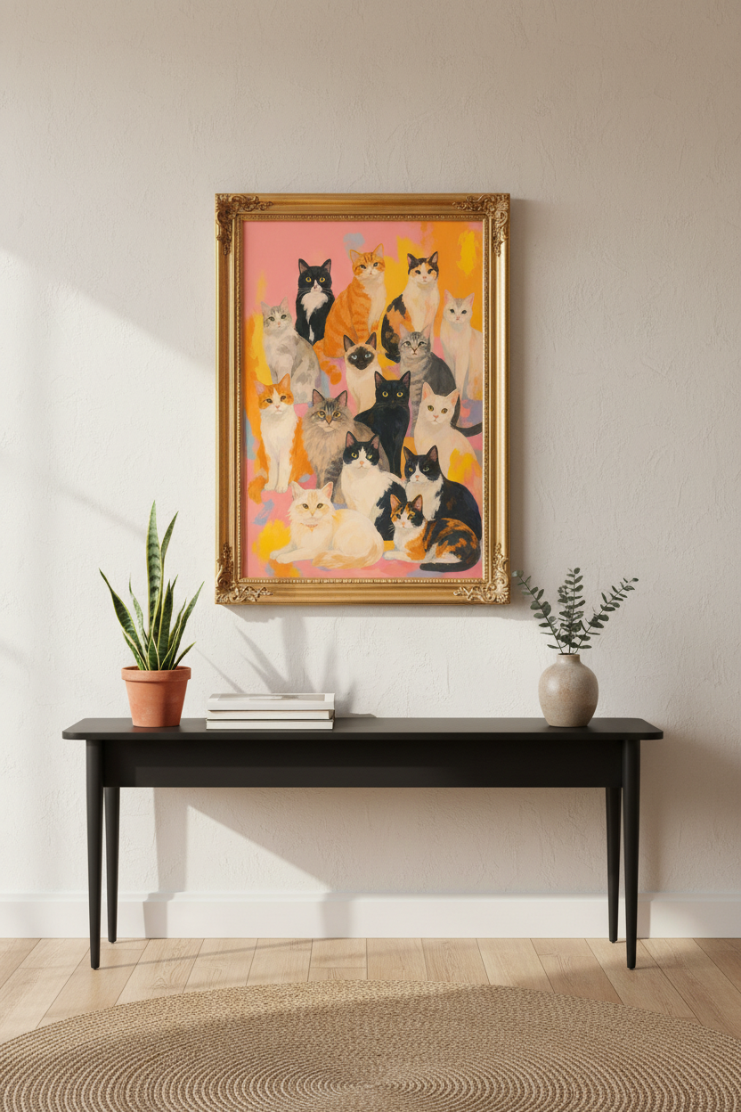 Cat Wall Art Print | Colorful Illustrated Feline, Living Room Decor