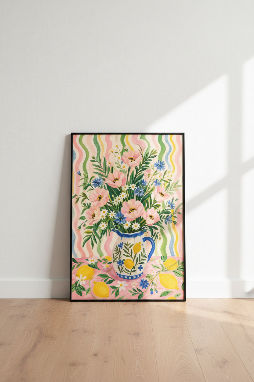 lemon floral print | pastel cottage kitchen decor, cheerful poster