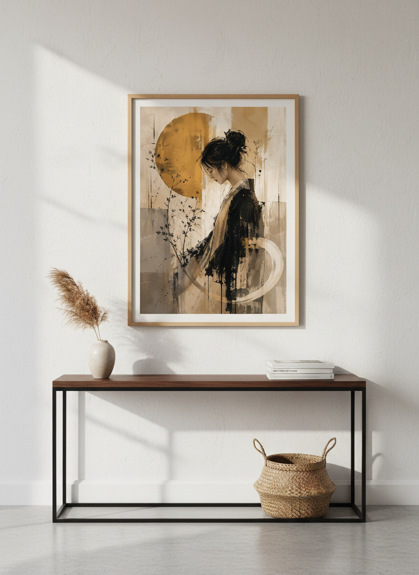 Japanese Woman Portrait | Wabi-Sabi Ochre &amp; Black Art, Zen Bedroom Decor