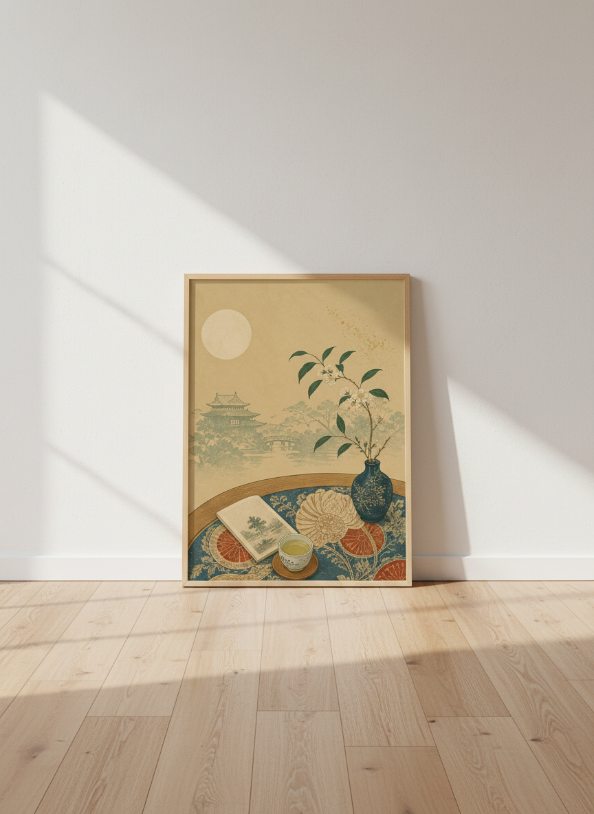Japanese Tea Garden Wall Art | Vintage Pagoda Landscape, Zen Home Decor Poster