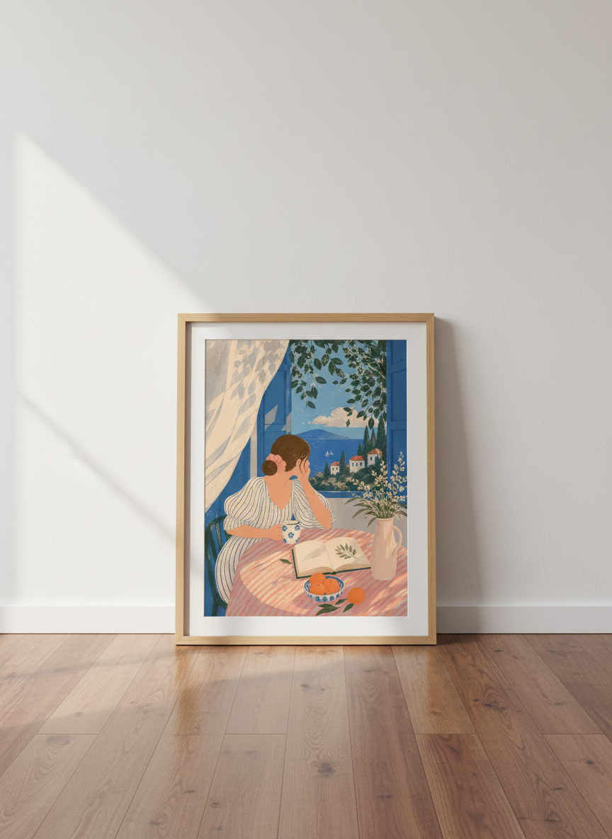 Mediterranean Coast Wall Art | Blue Window View Poster, Coastal Bedroom Decor