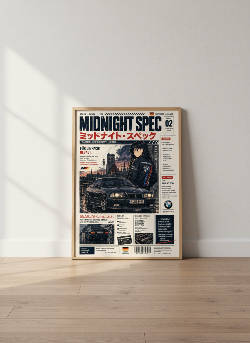 JDM Anime Car Poster | E36 M3 Wall Art, Garage Decor | Vaporwave Aesthetic Print