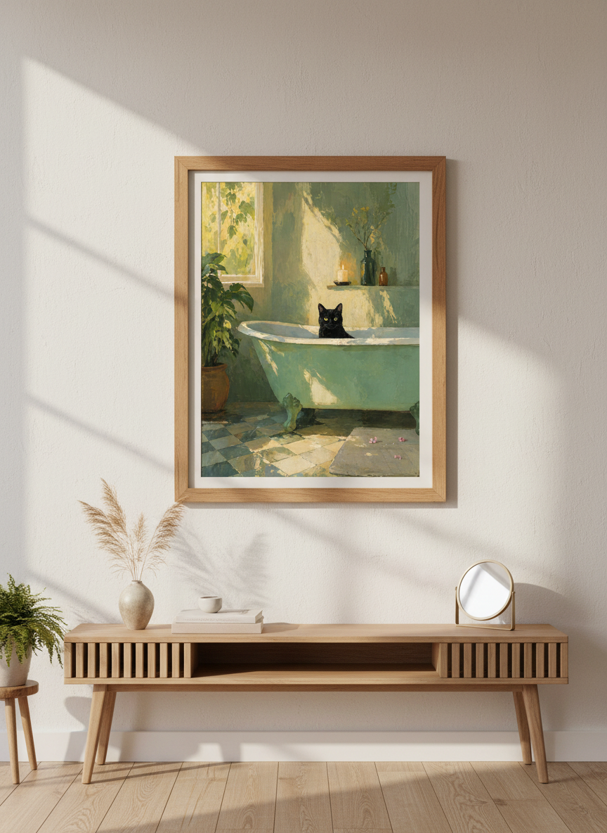 Black Cat in Bathtub | Sage Green Impressionist, Bathroom Decor Wall Art