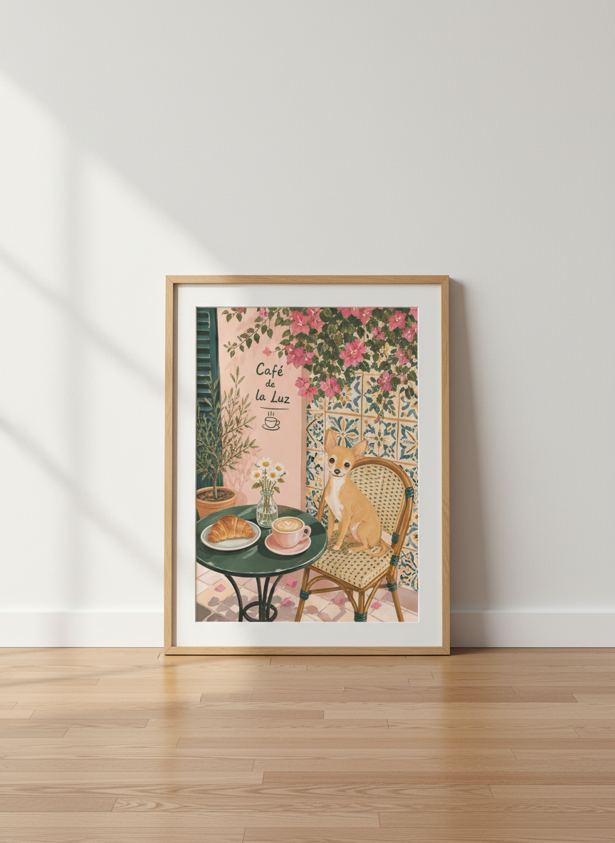 Chihuahua Coffee Shop Wall Art | Pink Mediterranean Cafe, Kitchen Decor Poster