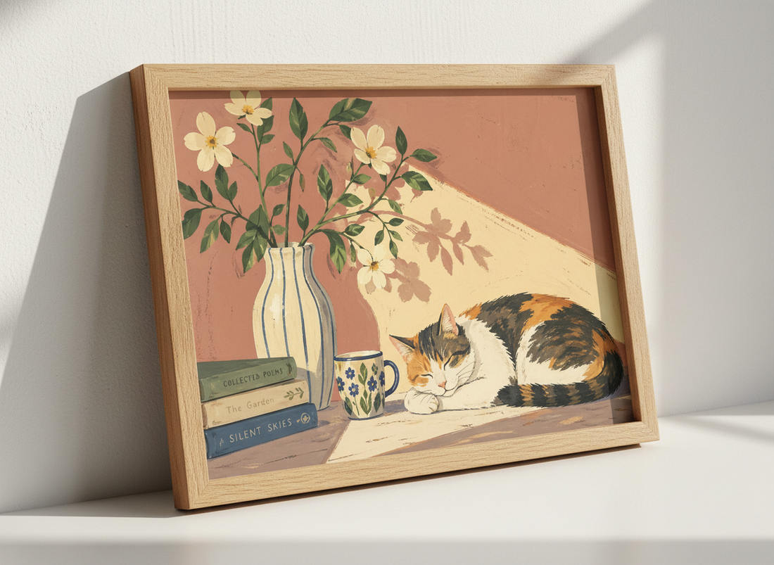 Cozy Cat Wall Art Print | Bedroom Decor | Cottagecore Aesthetic Poster | Sleeping Calico Feline Home Decor | Muted Tones