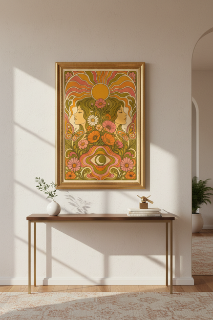 Retro Floral Poster | Psychedelic Orange Green, Living Room