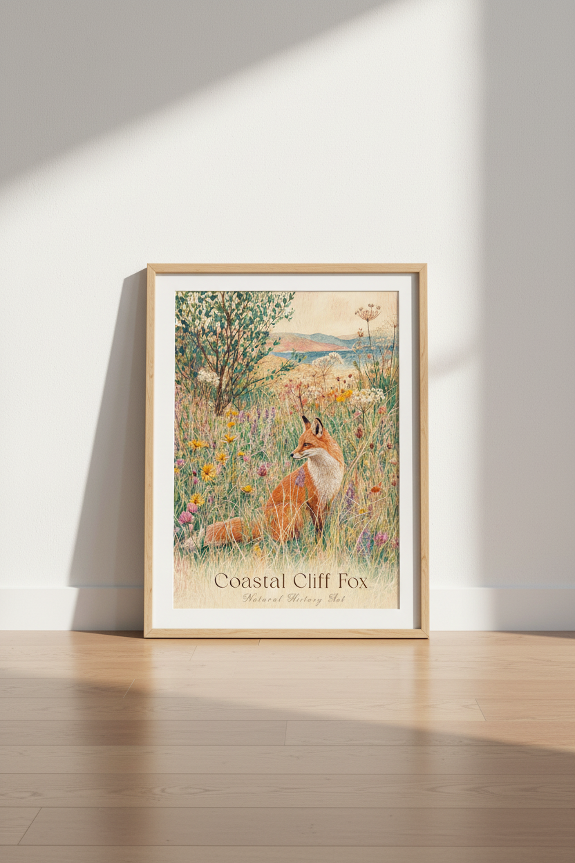 Coastal Cliff Fox Wall Art Print | Nature Nursery Decor | Vintage Botanical Poster