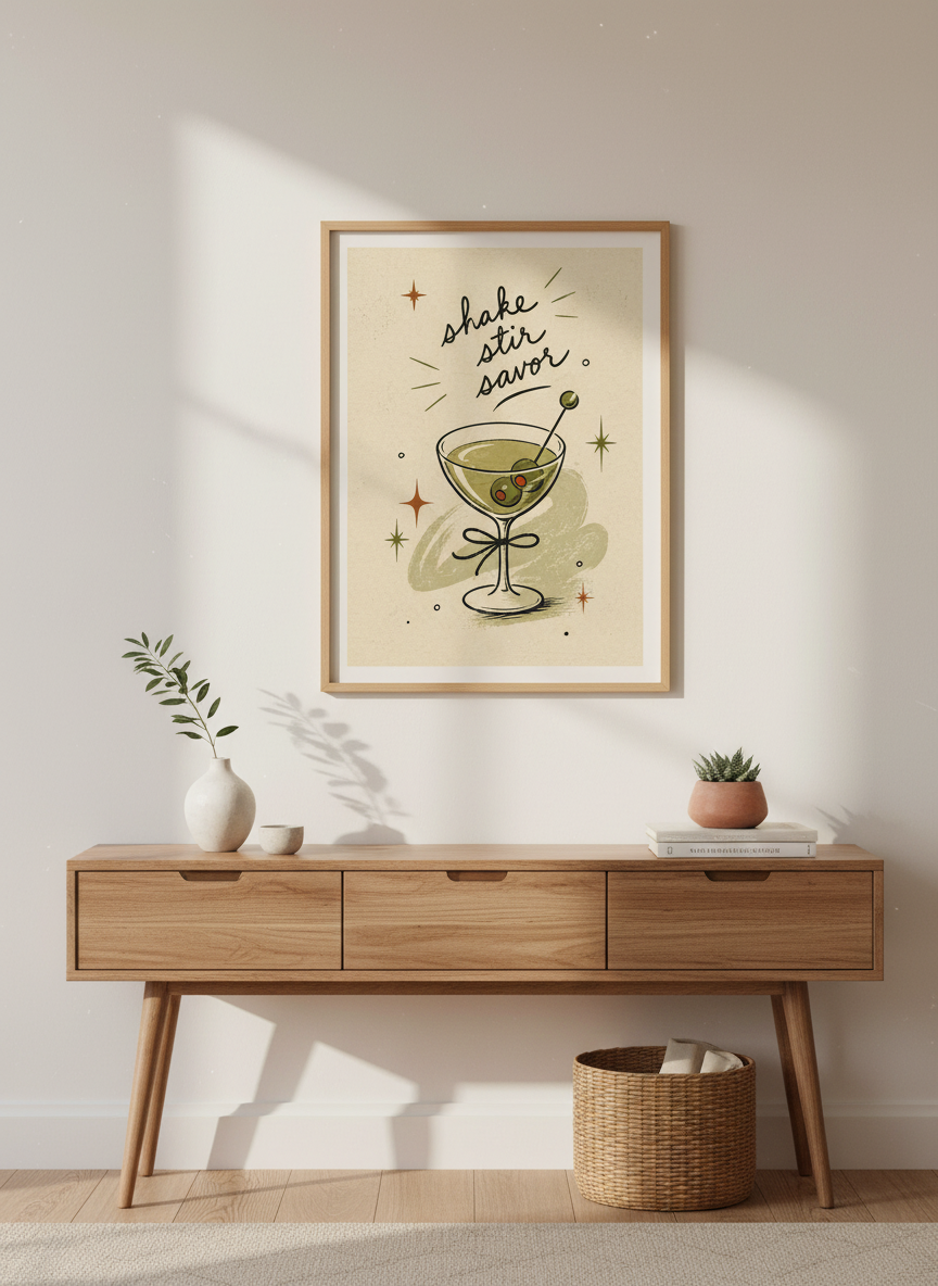 Retro Martini Glass Art | Mid Century Modern Bar Decor, Kitchen Poster