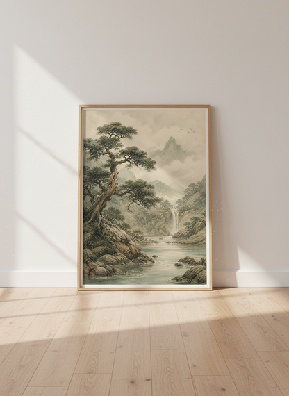 Japanese Landscape Watercolor | Mountain &amp; Waterfall Art, Zen Nature Decor Poster