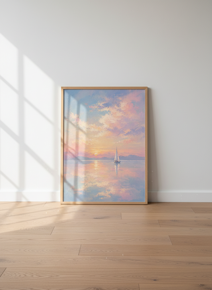 Sailboat Sunset Wall Art | Pastel Coastal Decor | Impressionist Sea Poster