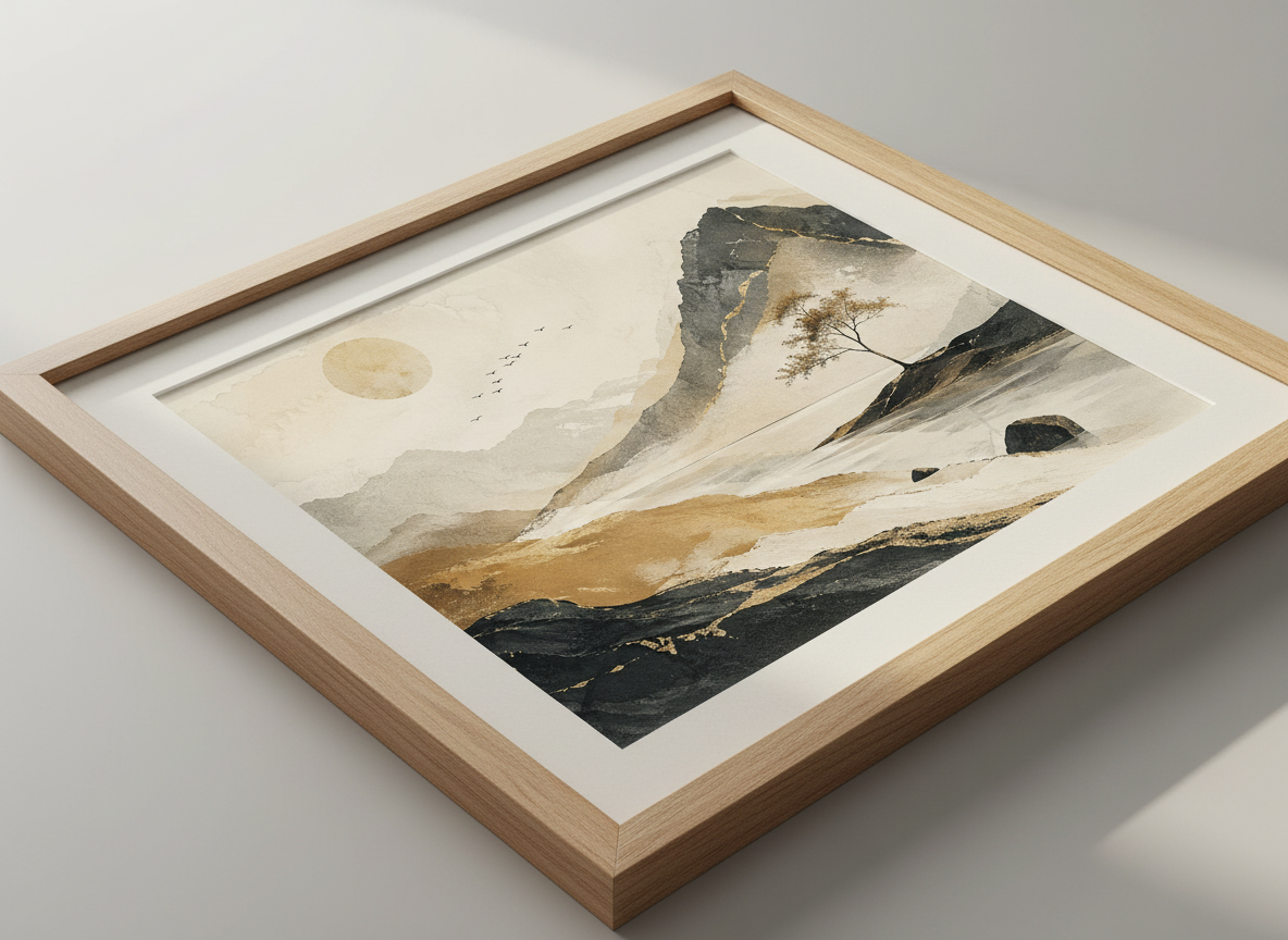 Minimalist Landscape Wall Art Print | Boho Living Room Decor | Zen Aesthetic Poster | Gilded Mountain &amp; Lake Art