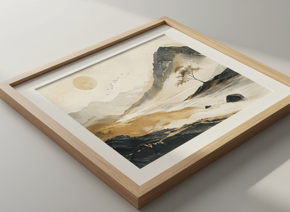 Minimalist Landscape Wall Art Print | Boho Living Room Decor | Zen Aesthetic Poster | Gilded Mountain &amp; Lake Art