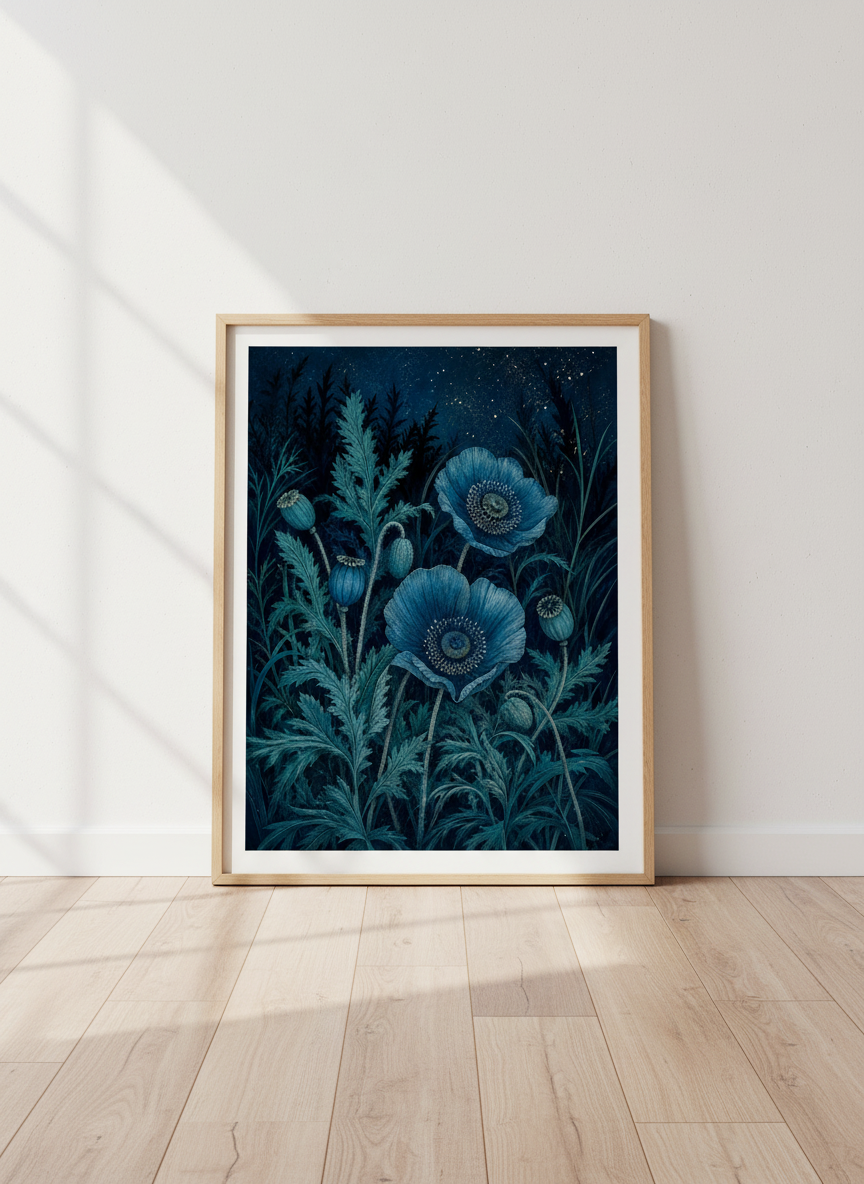 Blue Poppy Flowers | Dark Botanical Midnight Garden, Moody Bedroom Decor Art