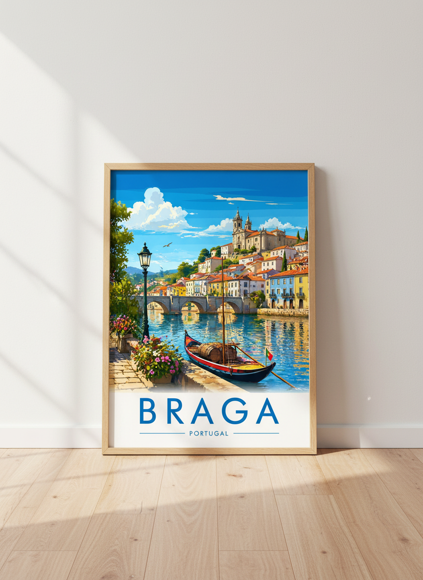 Braga Portugal Travel Poster | Vibrant Riverside Landscape Wall Art, Home Decor