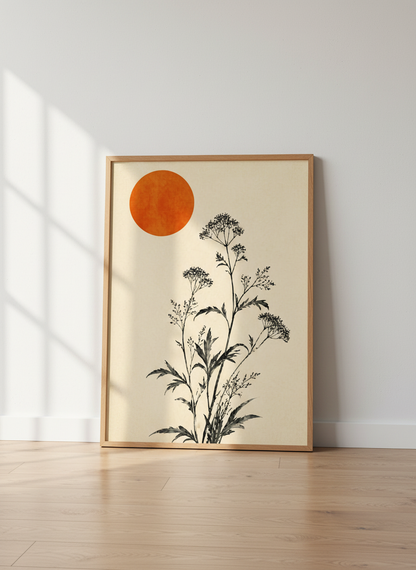 Zen Minimalist Botanical Wall Art Print | Japanese Sun Decor | Mid Century Modern Poster | Floral Landscape Print