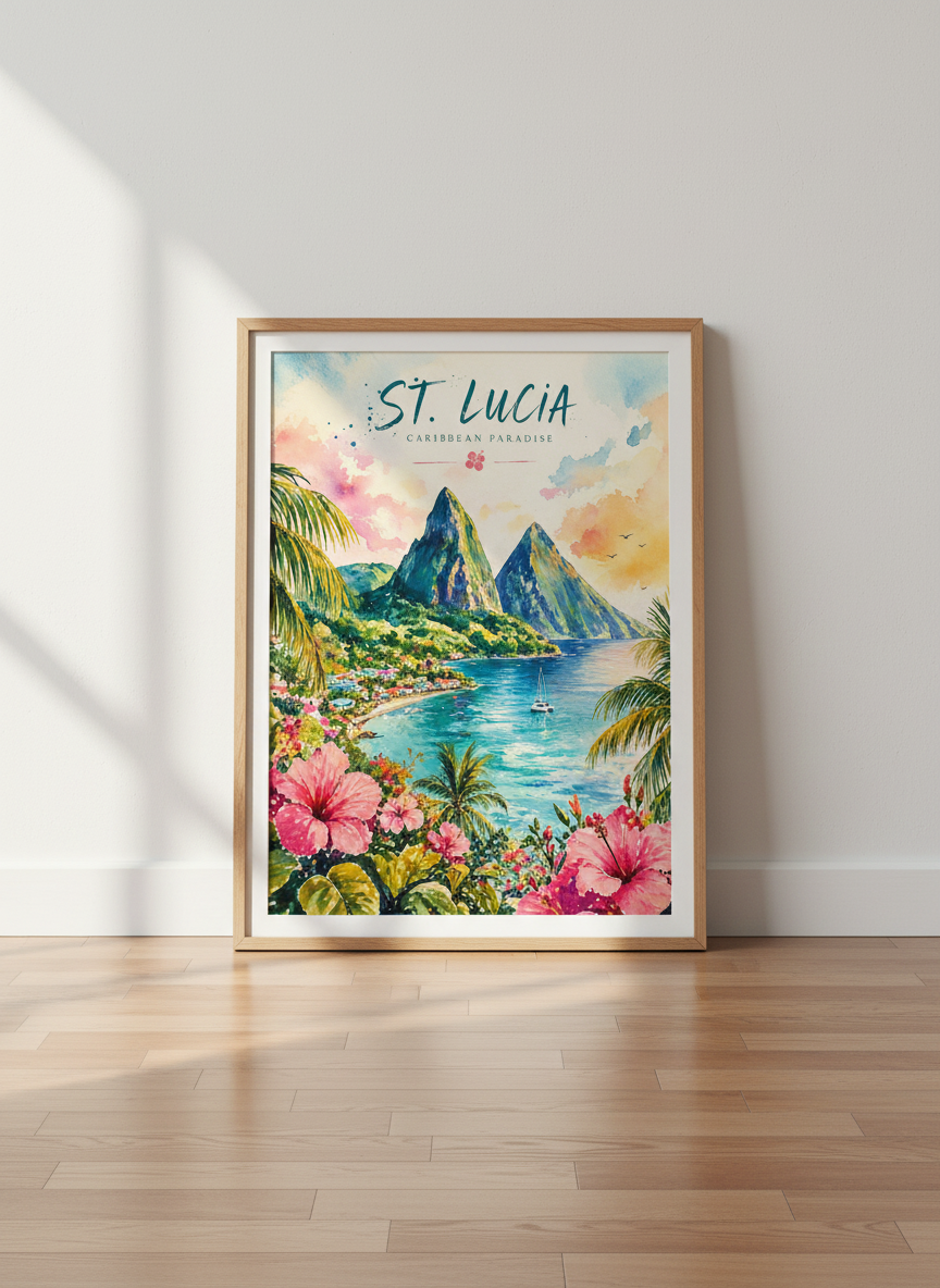 St. Lucia Watercolor Art Print | Tropical Caribbean Decor | Lush Island Poster