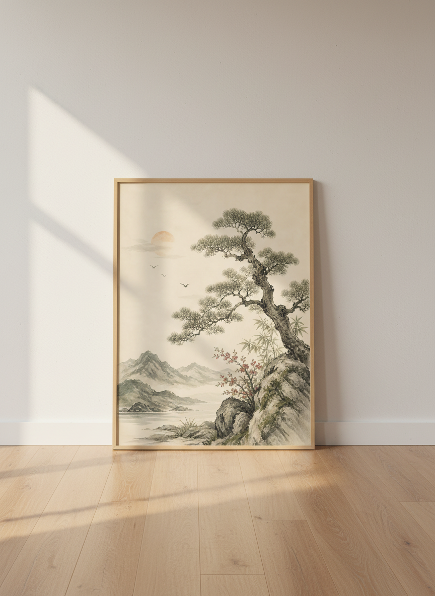 Japanese Pine Tree Mountain Landscape | Zen Ink Style, Neutral Japandi Decor