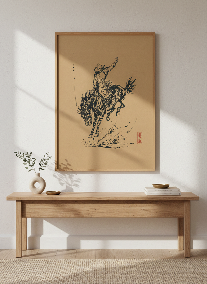 Rodeo Cowboy Horse Print | Ink Brush Western Decor | Minimalist Poster