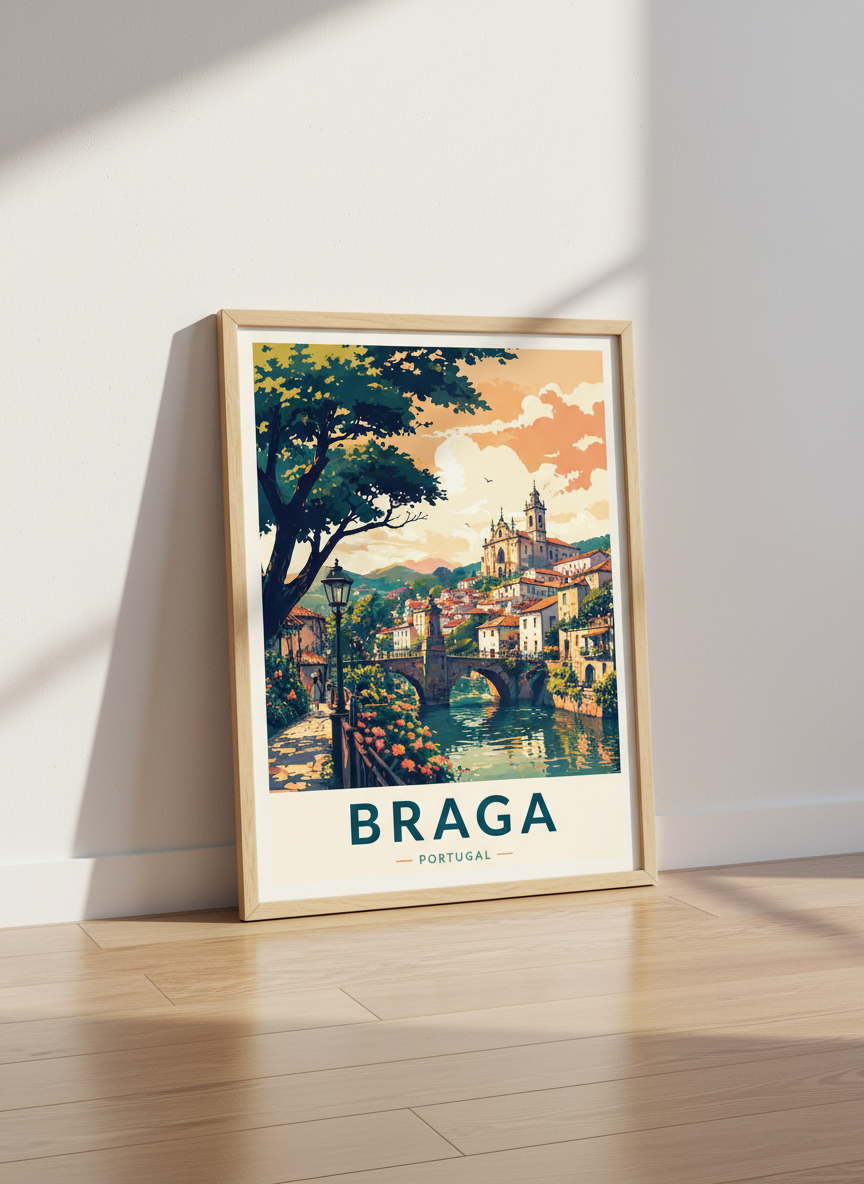 Braga Portugal Travel Art | Vintage Sunset Poster, European Home Decor