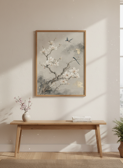 Magnolia Blossom &amp; Bird Wall Art | Neutral Chinoiserie Print, Zen Lounge Decor