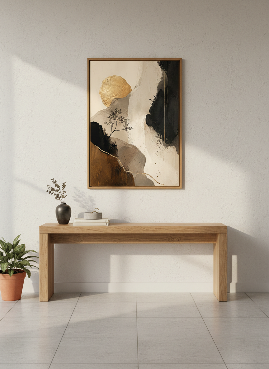 Abstract Gold Sun Landscape Wall Art | Modern Neutral Poster | Japandi Living Room Decor