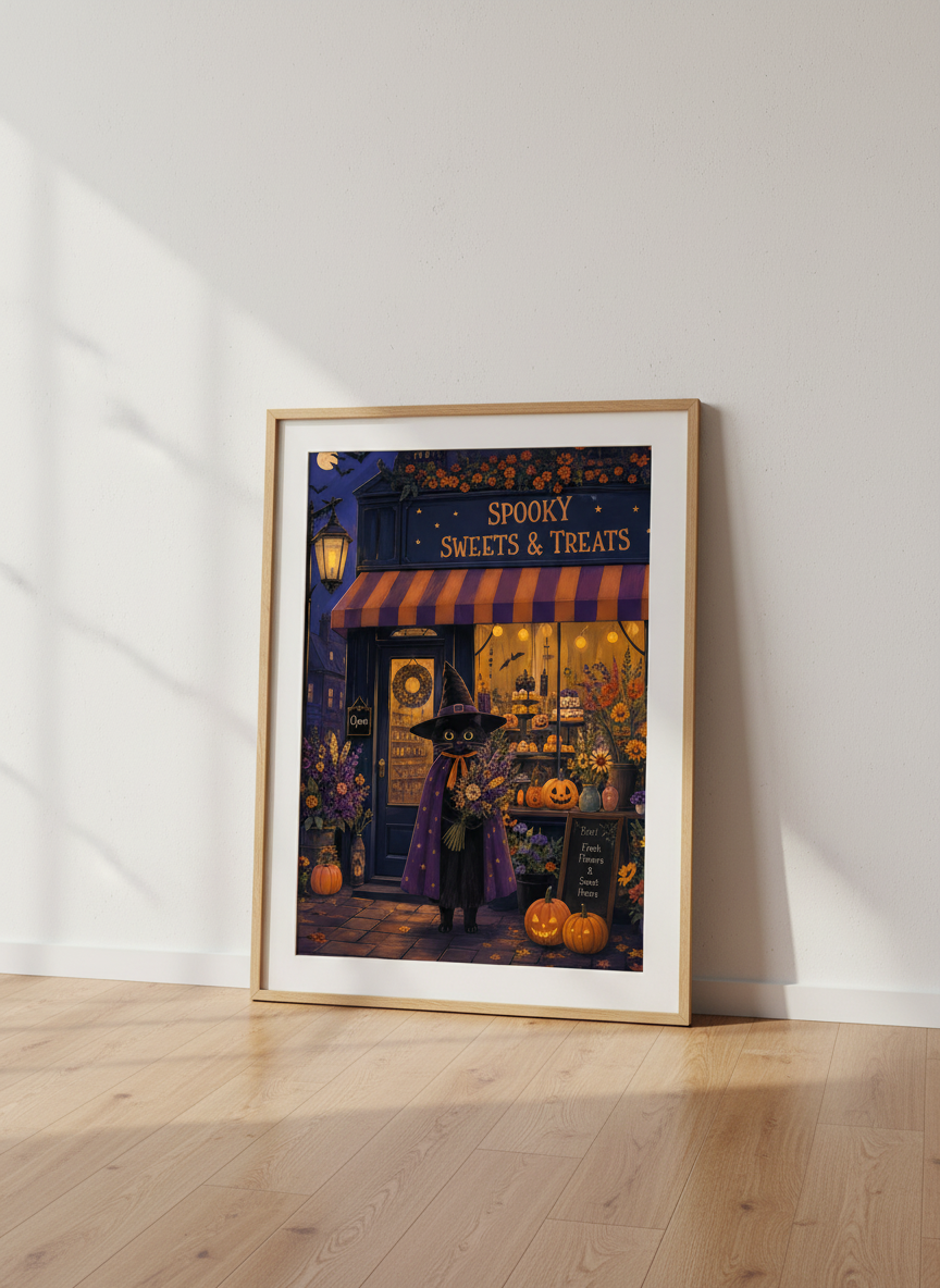 Witch Cat Bakery Wall Art Print | Halloween Kitchen Decor | Whimsical Spooky Poster