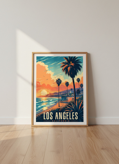 Los Angeles California Sunset Wall Art | Coastal Travel Poster | Vintage Aesthetic Print