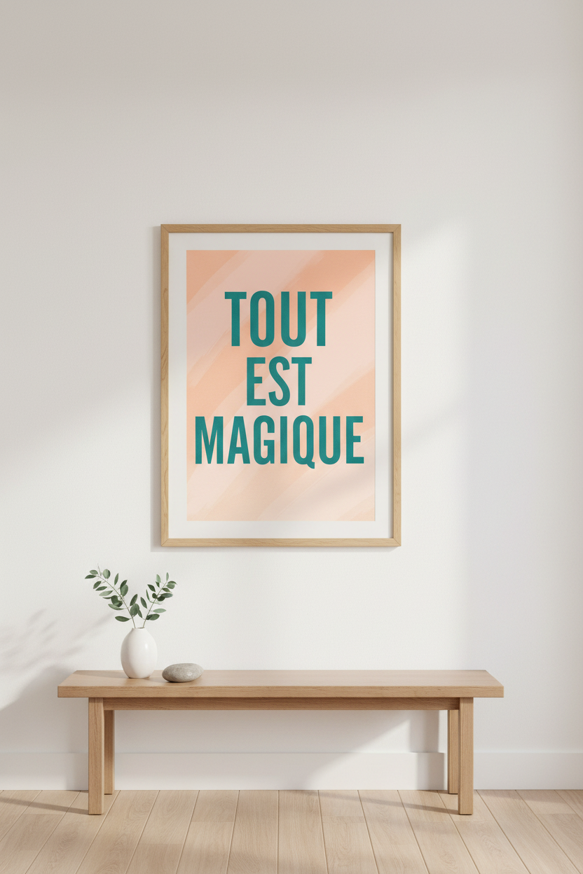 Minimalist French Quote Wall Art | Tout Est Magique Framed Poster | Aesthetic Home Decor | Sage Green Beige Art Print